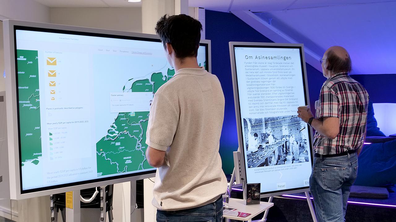 Två personer står framför två stora showcase-skärmar.