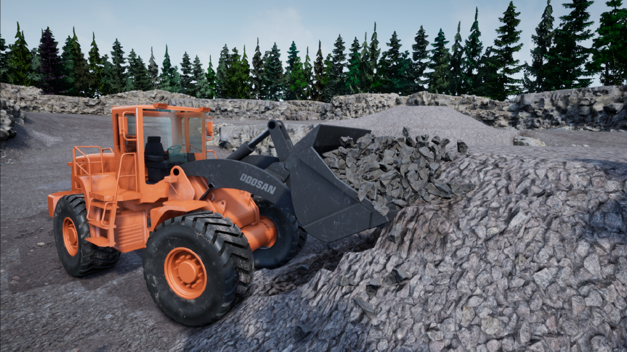 Hjullastare som gräver utan förare. Digital bild.