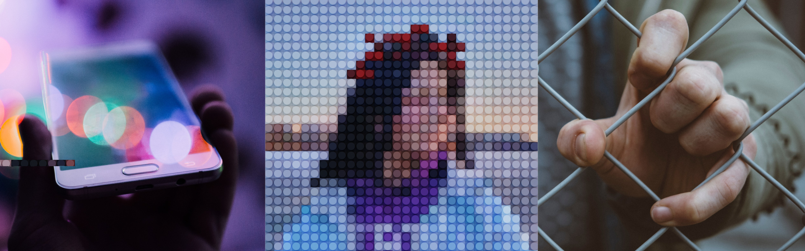 Tre illustrationer: en mobiltelefon, ett pixlat ansikte och ett stängsel