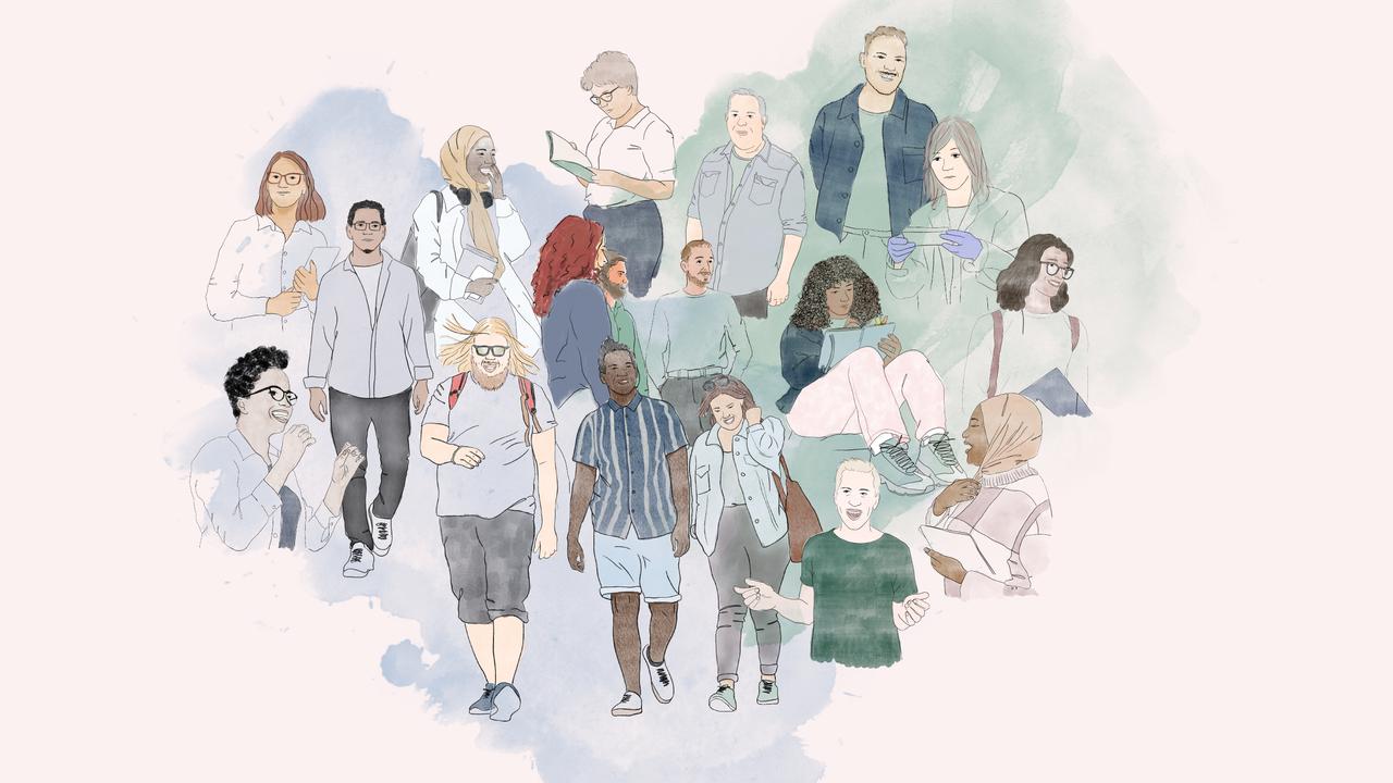 Illustration som visar olika människor och karaktärer som ska föreställa personer vid Umeå universitet.