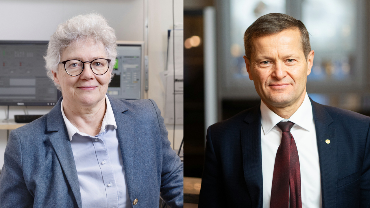 Delad bild med porträtt på en leende man och kvinna i kavaj.