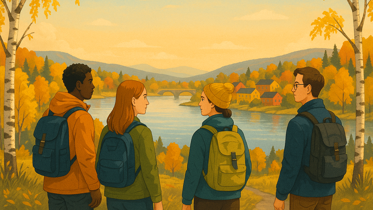 En tecknad bild där fyra unga vuxna står och tittar ut över ett vattendrag. De omgivs av höstfärger och gulnade björkar.