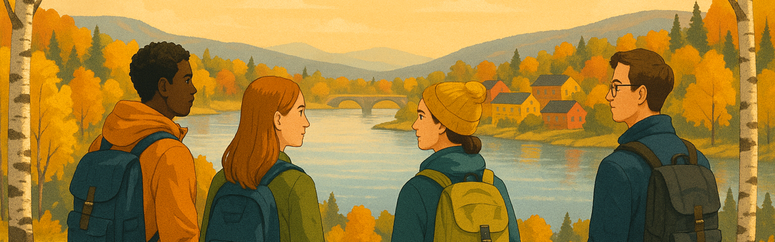En tecknad bild där fyra unga vuxna står och tittar ut över ett vattendrag. De omgivs av höstfärger och gulnade björkar.