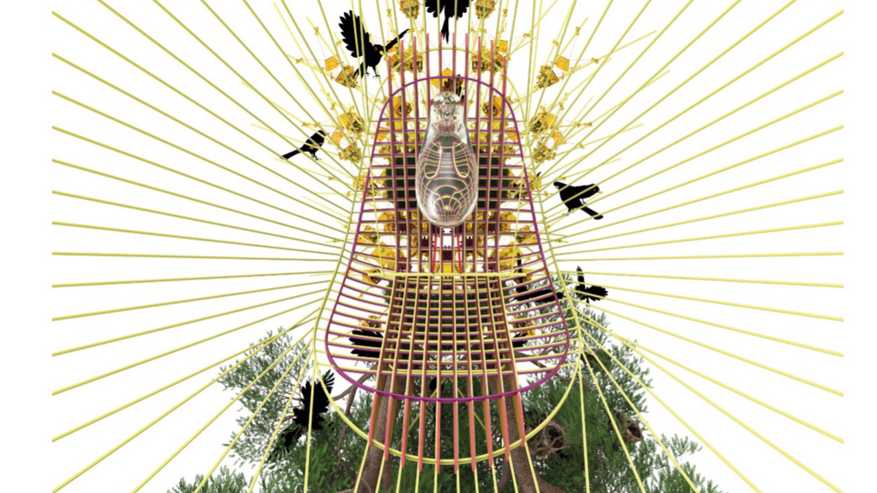 Illustration med linjer, grönska och fåglar