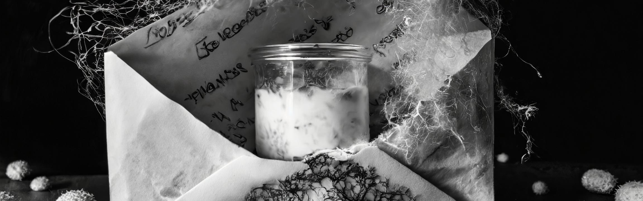 Firefly entangled microbes with an old unfolded letter envelope filled with yoghurt inside.