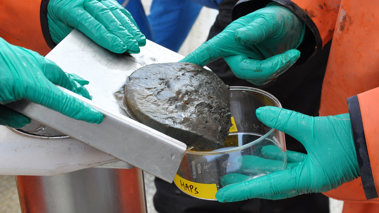 hands with gloves working with mud.