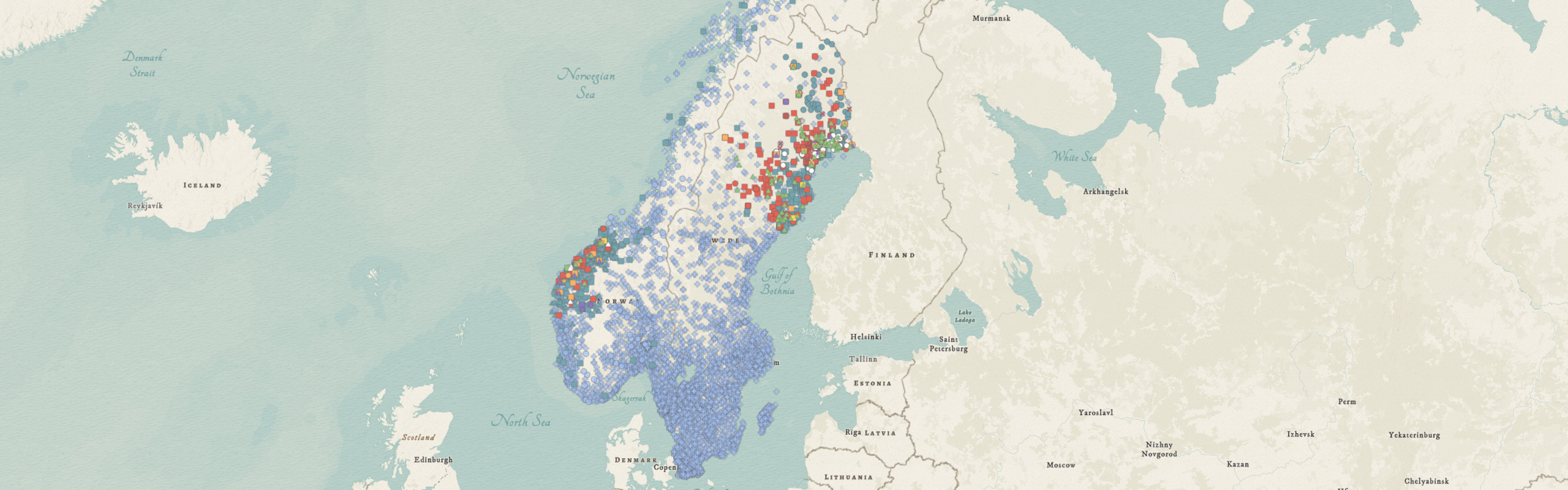 Map of the Nordic countries with dots in many colours marking places with churches.