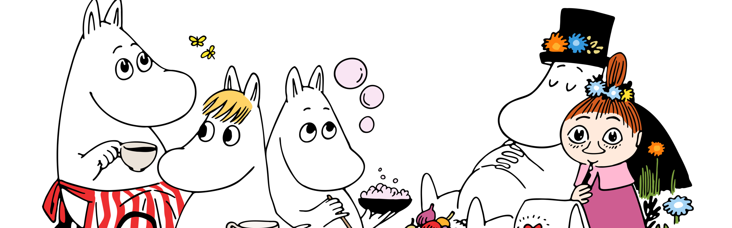 Muminfamiljen, Snorkfröken och Mymlan har kalas tillsammans. ® Moomin Characters™