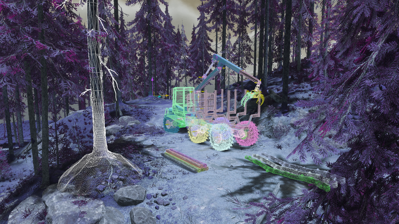 Digital bild av maskin i skog.