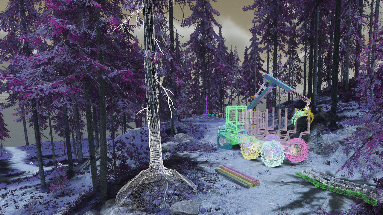 Digital bild av maskin i skog.