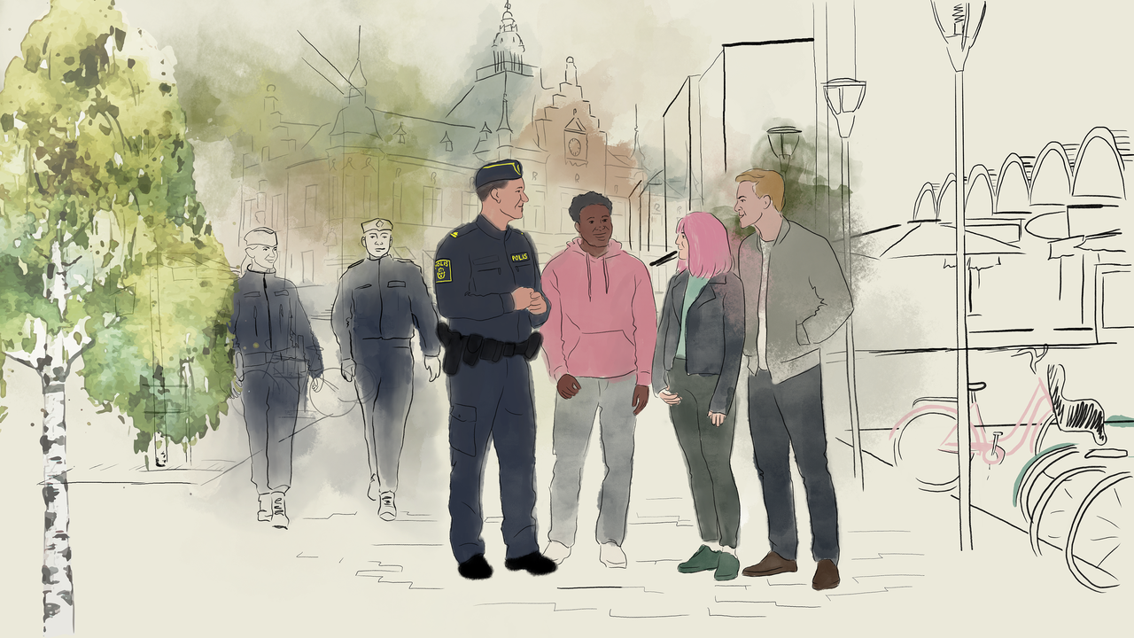 Illustrerar poliser i samhället som arbetar för brottsförebyggande och trygghetsskapande