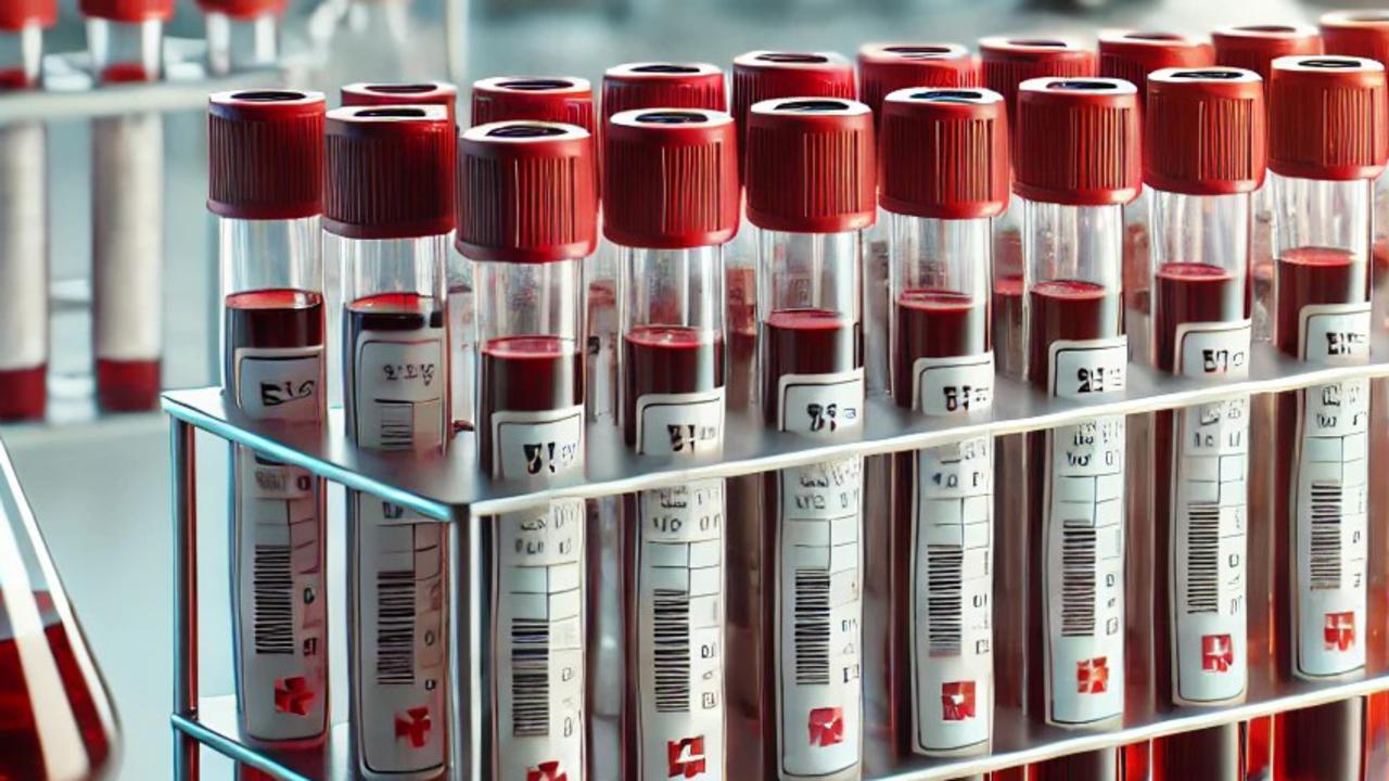 En rad blodprovsrör fyllda med blod