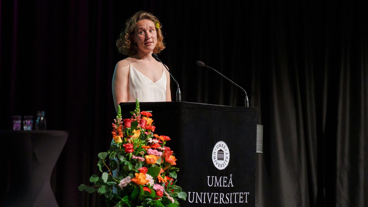 Umeå University's 2025 graduation ceremony student speaker standing at podium