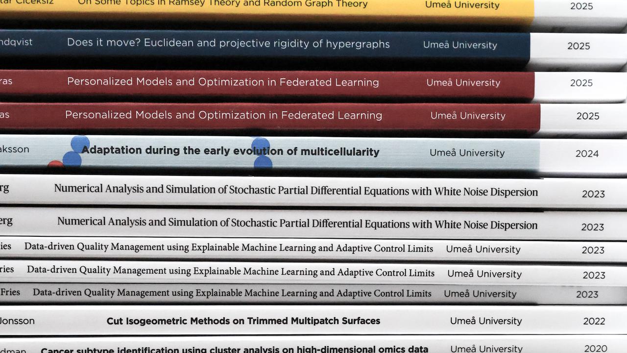 En stapel av doktorsavhandlingar i matematik och matematisk statistik vid Umeå universitet. Bokryggarna visar titlar, författarnamn och årtal, med färger som varierar mellan vitt, svart, blått, grått och rött.