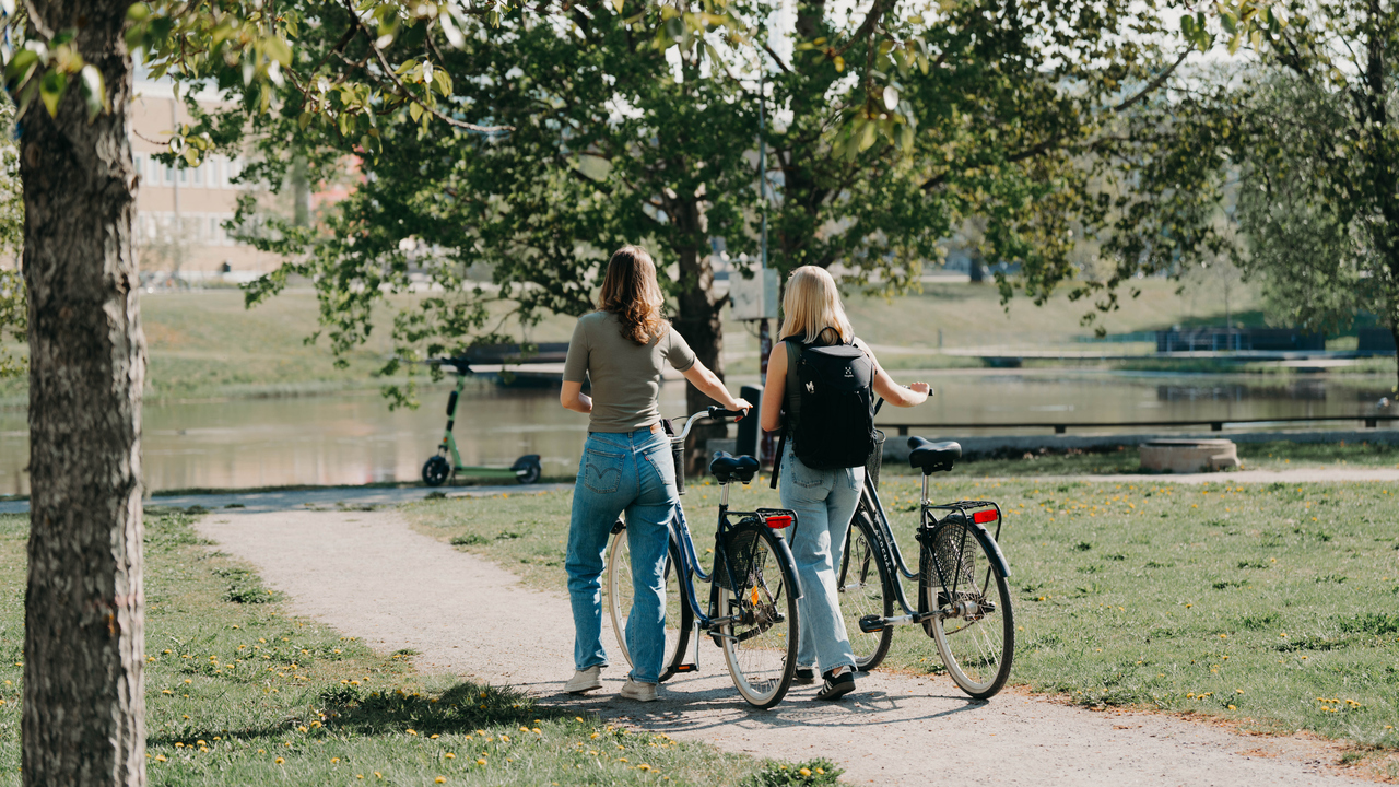 Två kvinnor går bredvid varandra på en grusväg och leder varsin cykel.