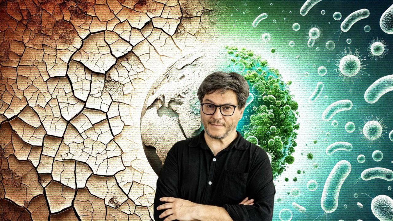 Ricard Solé, public speaker for the 15 year IceLab anniversary public lecture on terraforming ecosystems, seen here against an AI-generated backdrop depicting an arid ecosystem being transformed to a lush one thanks to synthetic organisms.
