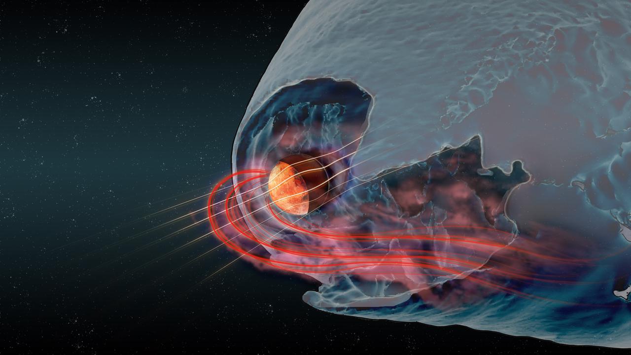 Illustration av hur planeten Mars samverkar med solvinden