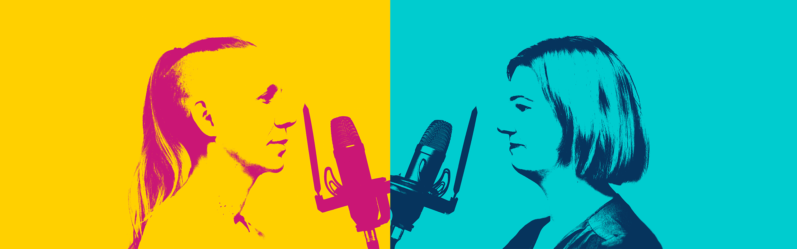 Stiliserad bild av Hanna och Sandra i profil med varsin mikrofon.
