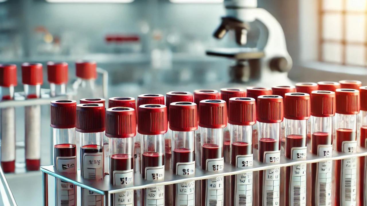 En rad blodprovsrör fyllda med blod
