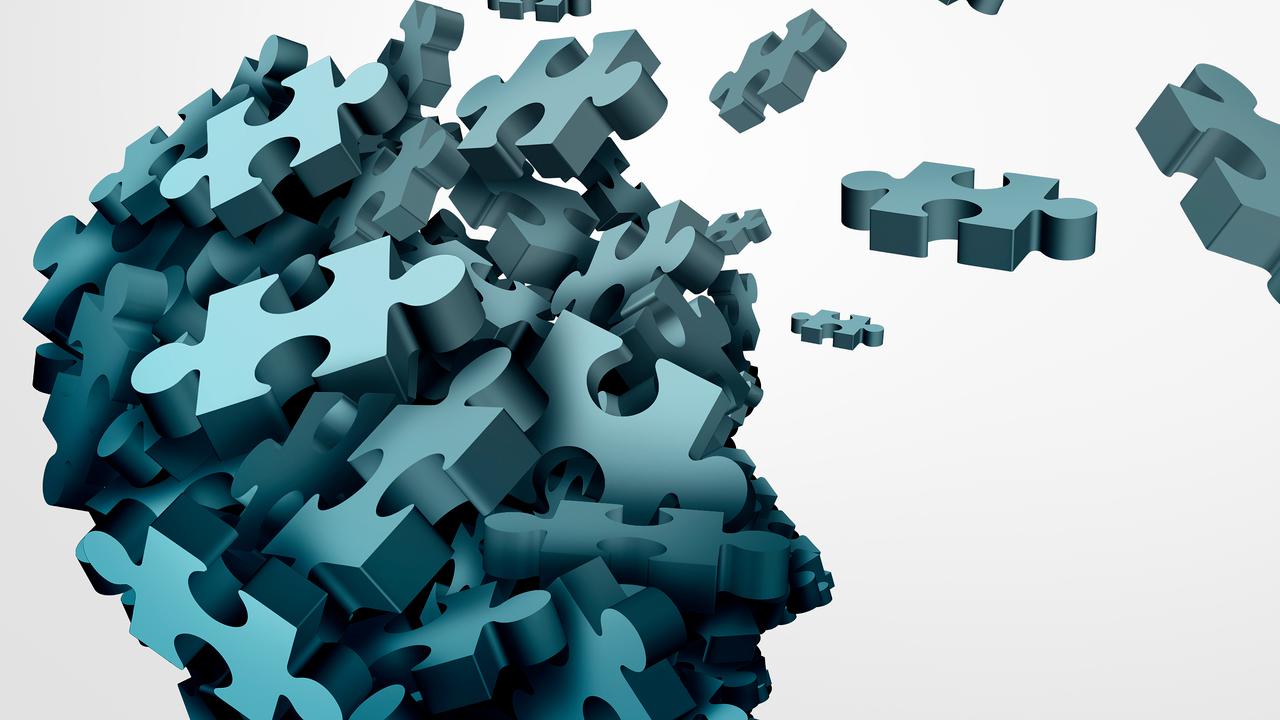 Illustration med ett huvud av pusselbitar där några bitar är på väg ut och bort. För att illustrera exempelvis hjärnsjukdomar.