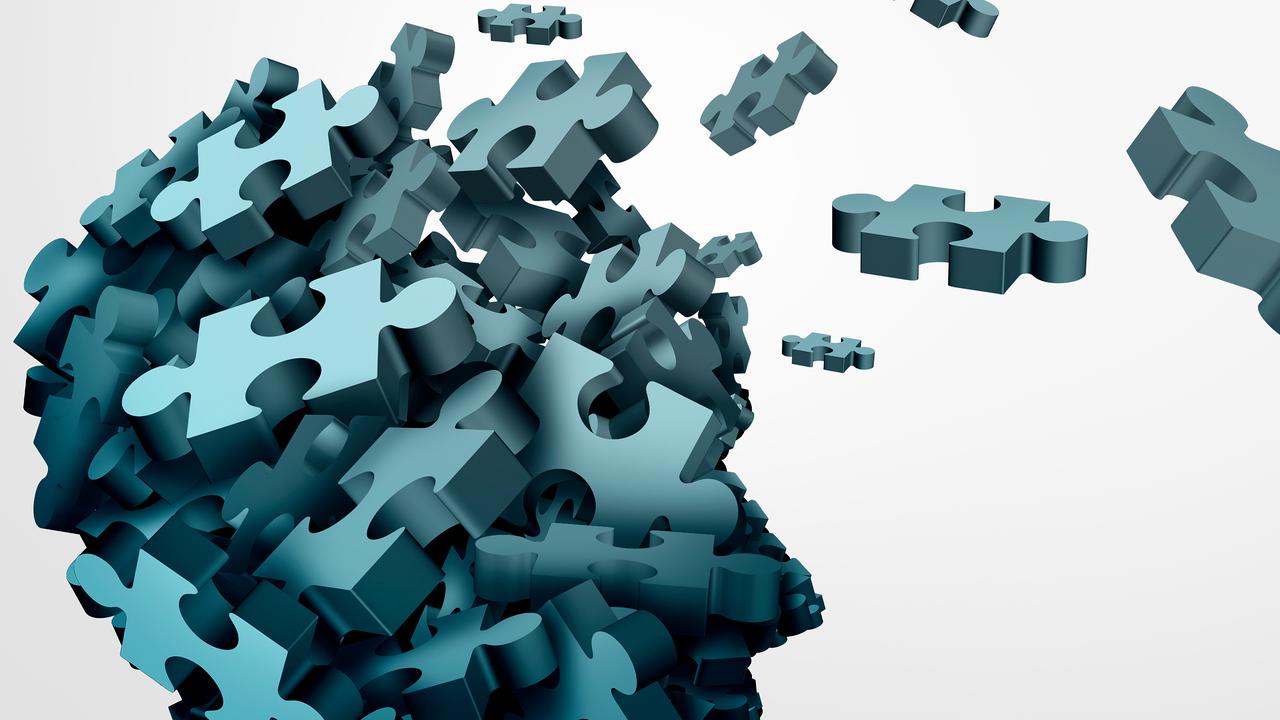 Illustration med ett huvud av pusselbitar där några bitar är på väg ut och bort. För att illustrera exempelvis hjärnsjukdomar.