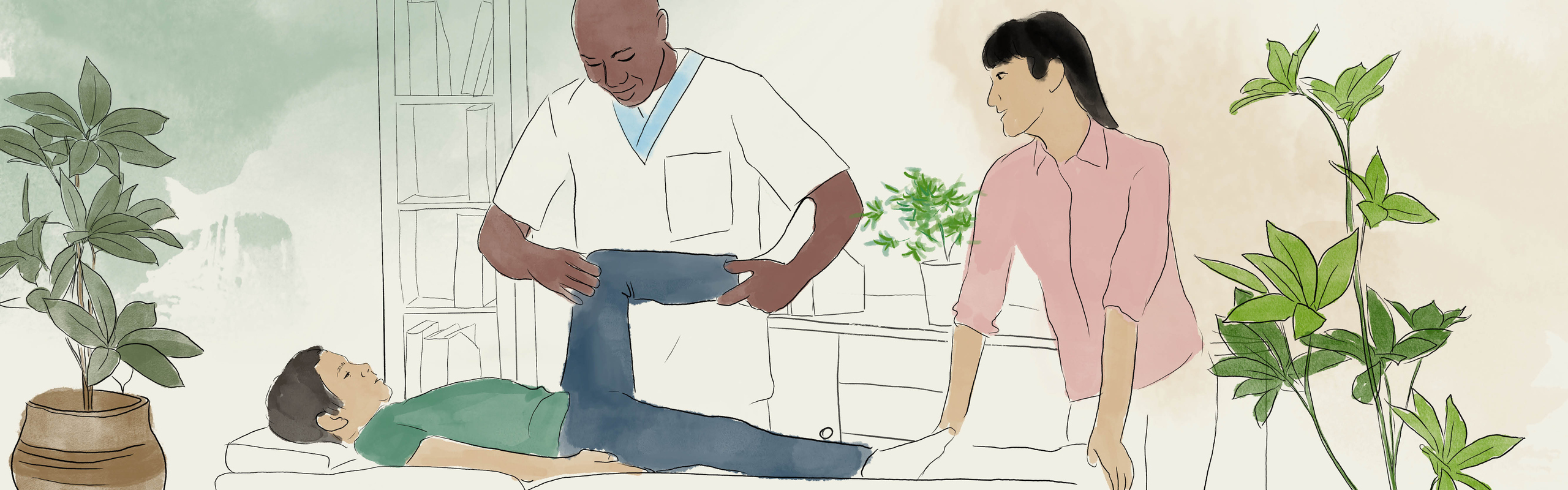 Illustrerad pojke som undersöks av en fysioterapist