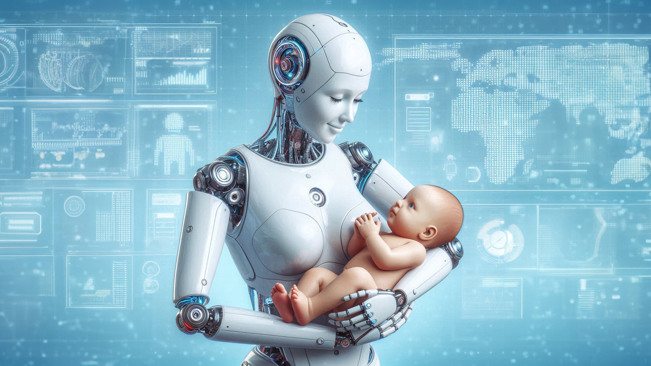 En robot som är kvinnligt kodad håller i en bebis. AI-genererad.