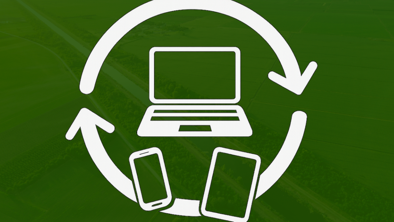 Ikoner med dator, surfplatta och mobil med cirkulationssymbol runt på grön platta.