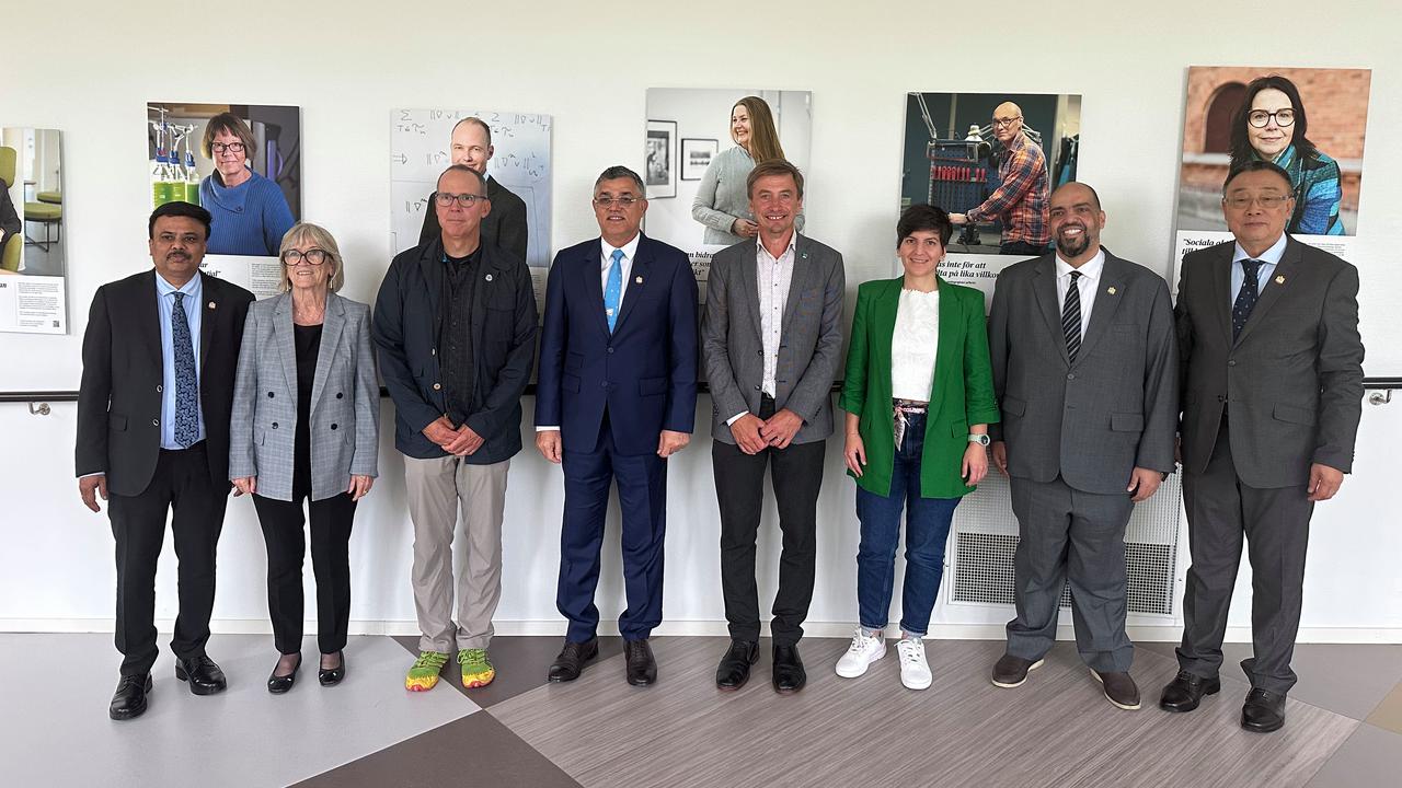 Män och kvinnor i kostym står på rad och ler mot kameran..