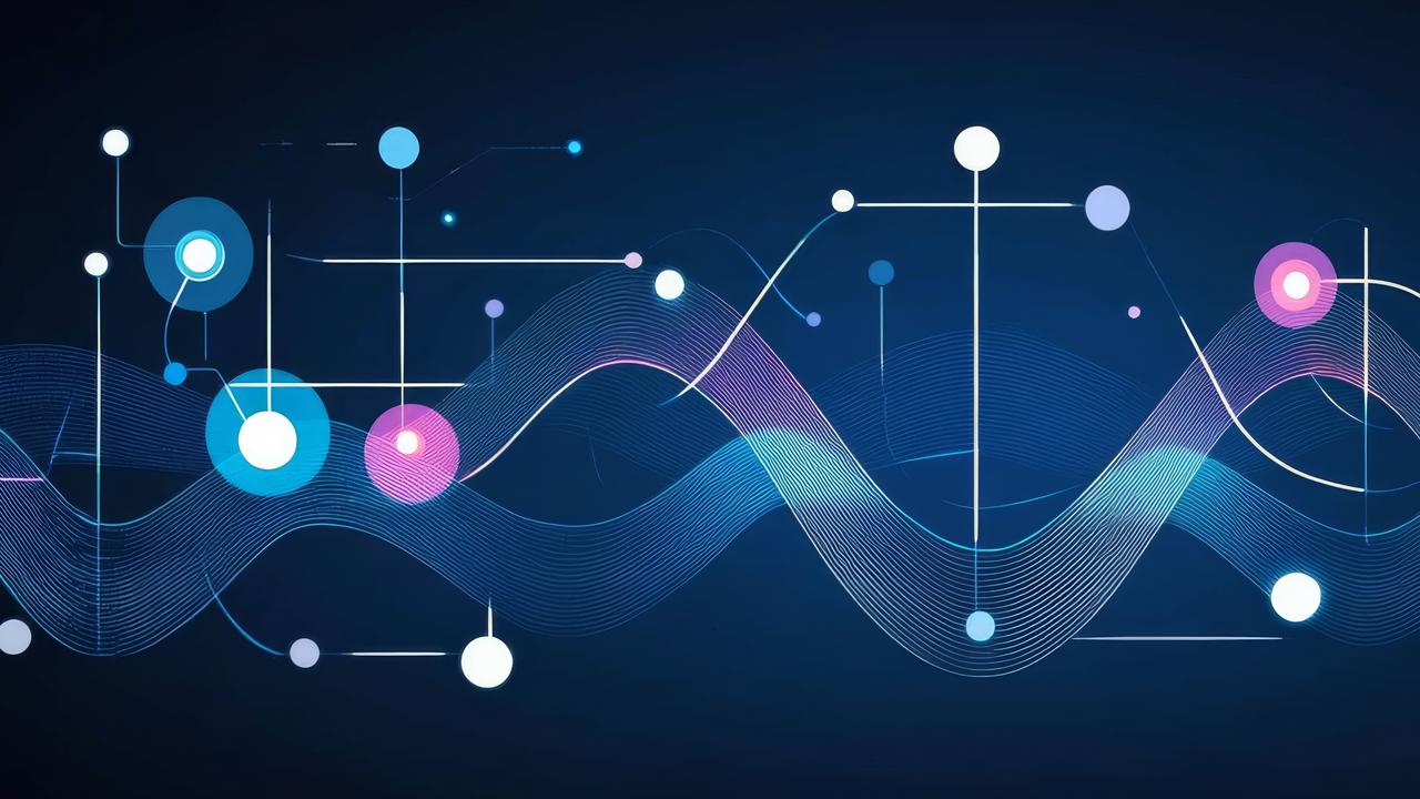 En blå och rosa abstrakt bakgrund med cirklar och linjer.