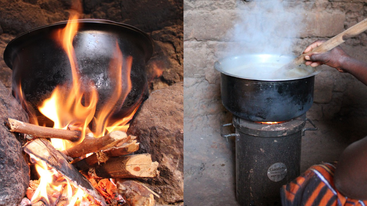 Montage av två bilder. En person som rör om i en gryta över en eld och en bild på gryta över öppen eld.