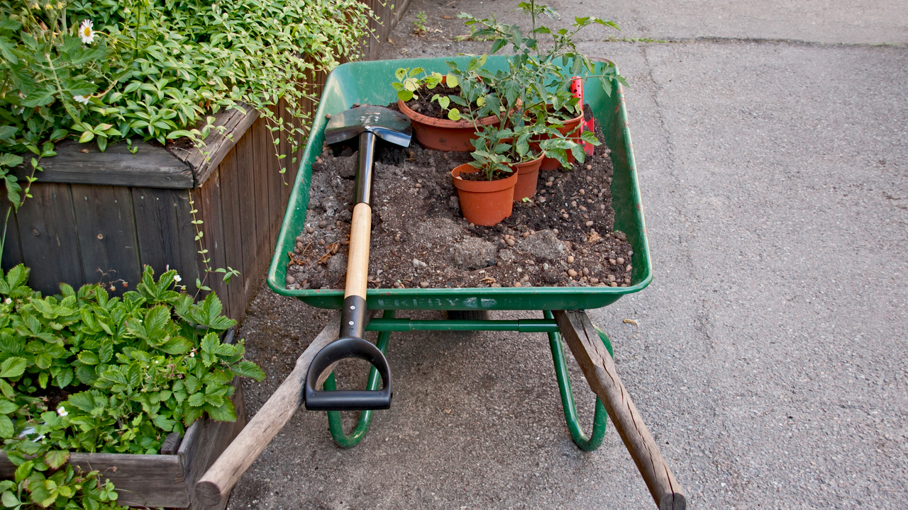 Skottkärra med jord, växter och spade bredvid lådor med planteringar.