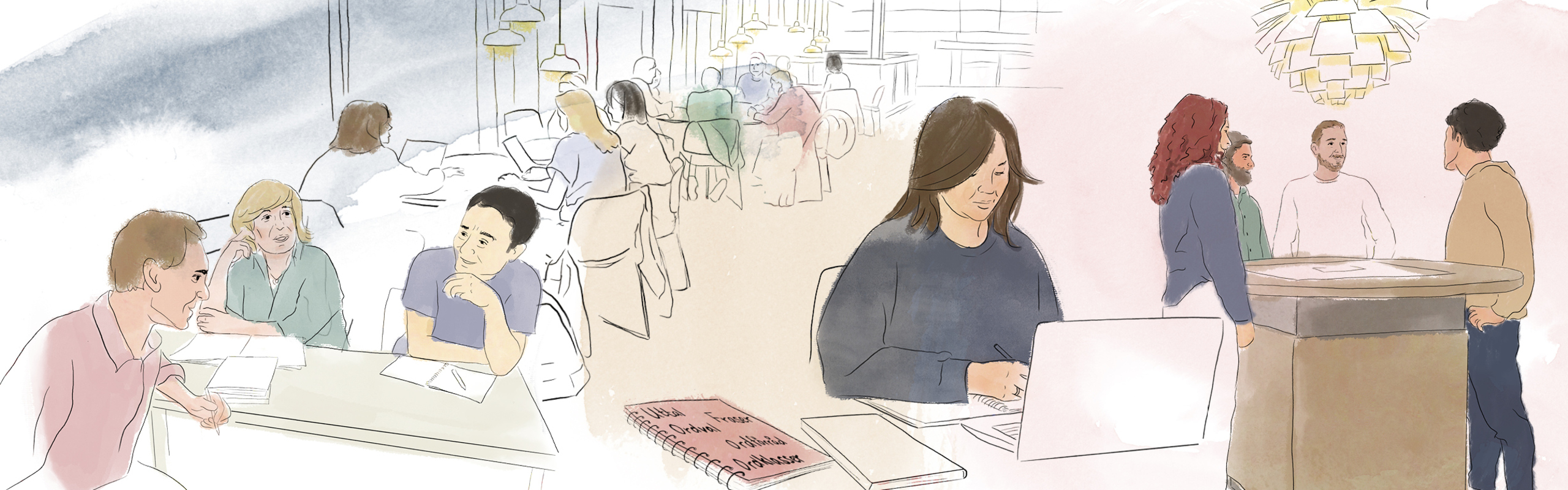 Illustration av människor i Humanisthuset som samtalar med varandra.