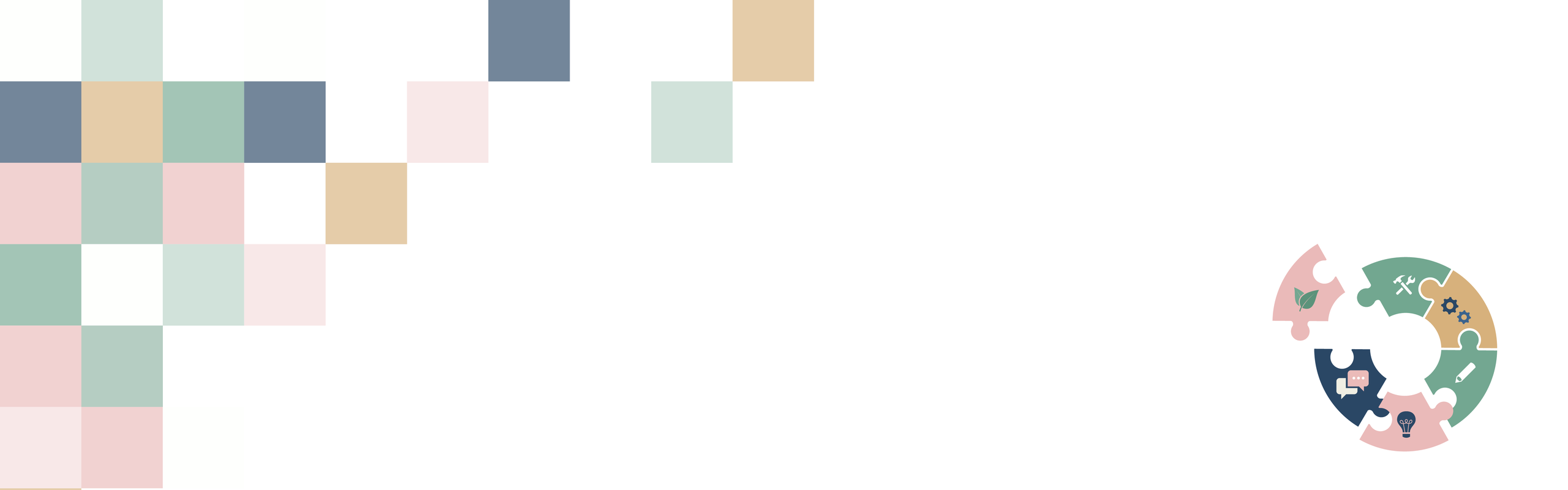 Pixlar i olika färger på vänster sida och logotyp med pusselbitar i höger