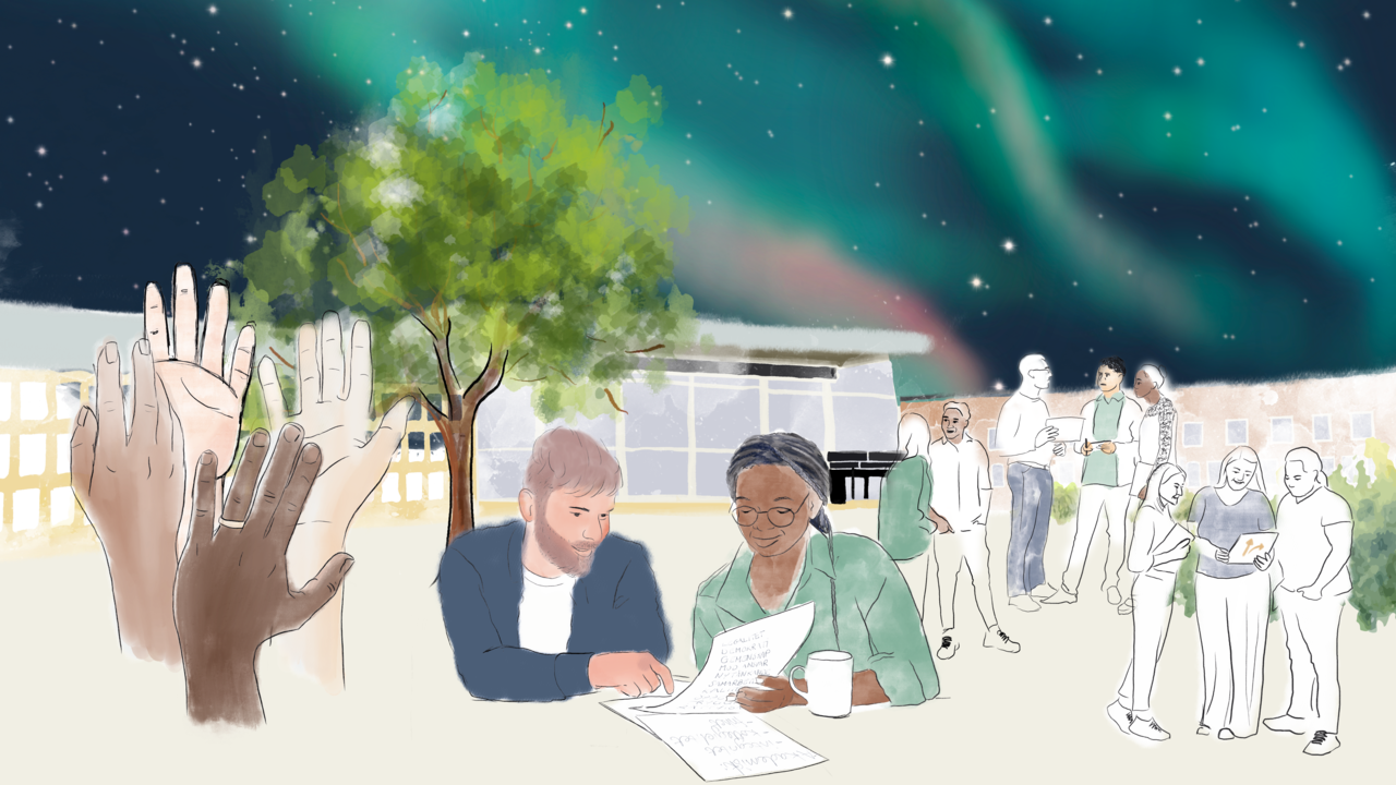 Illustration av medarbetare som samarbetar och pratar med lindellhallen och norrsken i bakgrunden.