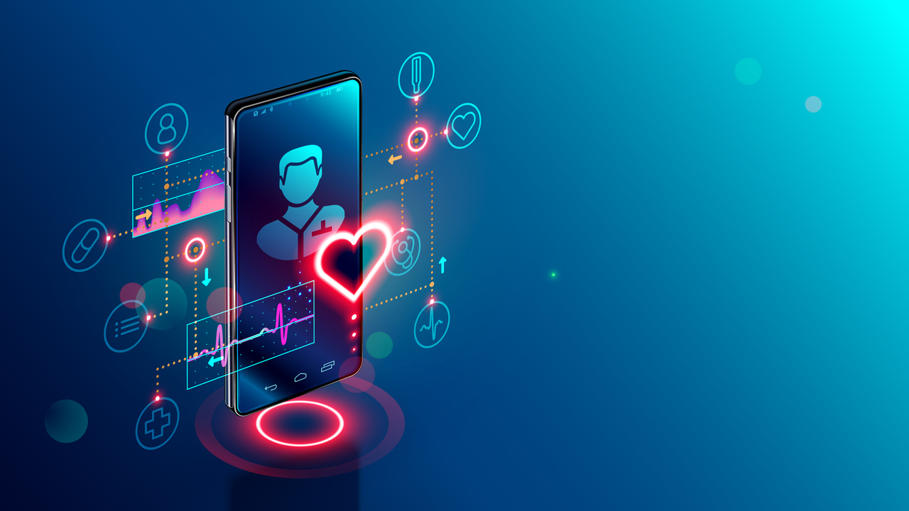 Illustrerar teknik kopplat till smartphone med hänvisning till sjukvårdstjänster.