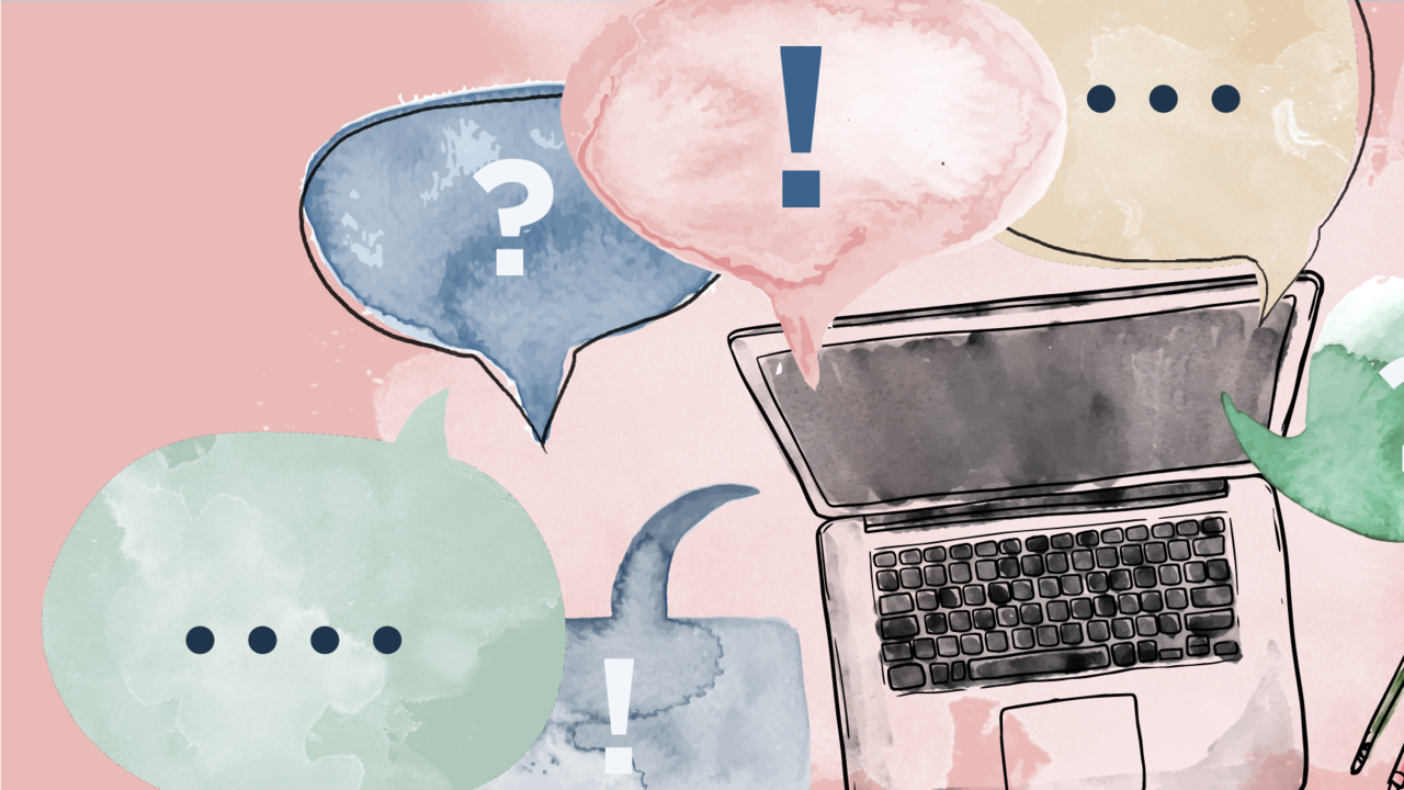 Illustration av dator med pratbubblor med symboler för frågor och svar.