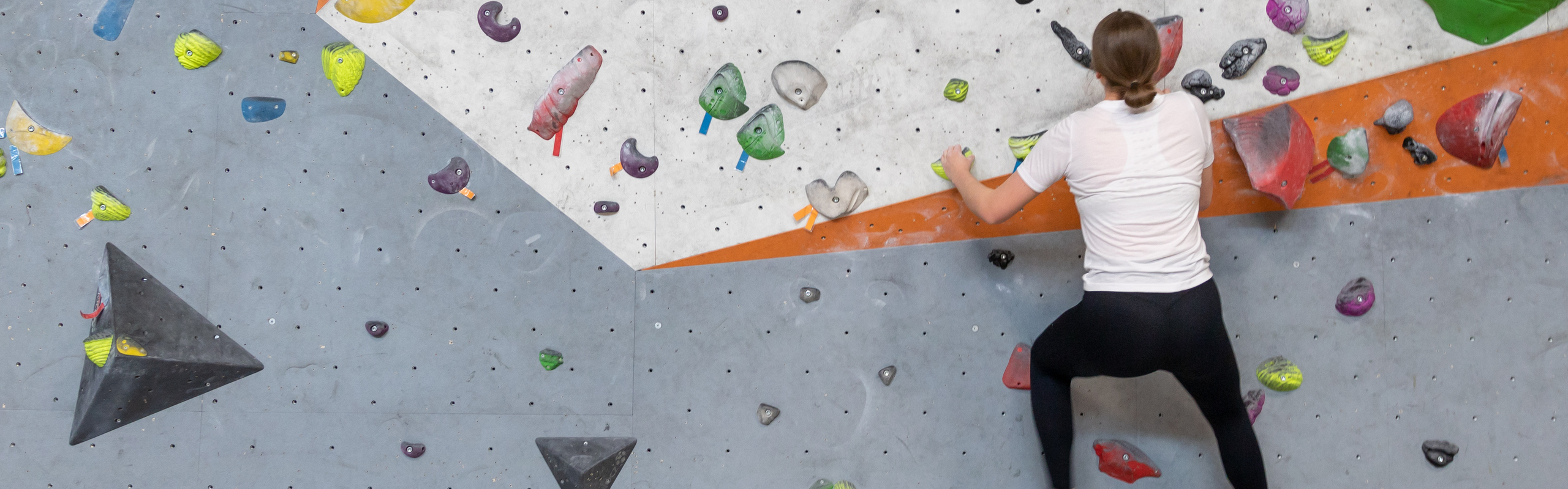 Tjej klättar på en klättervägg.