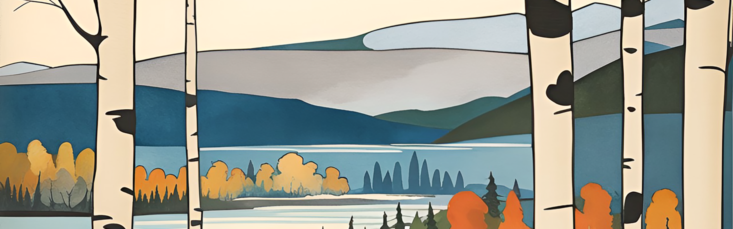 AI-genererad landskaps-illustration med björkar i förgrunden.