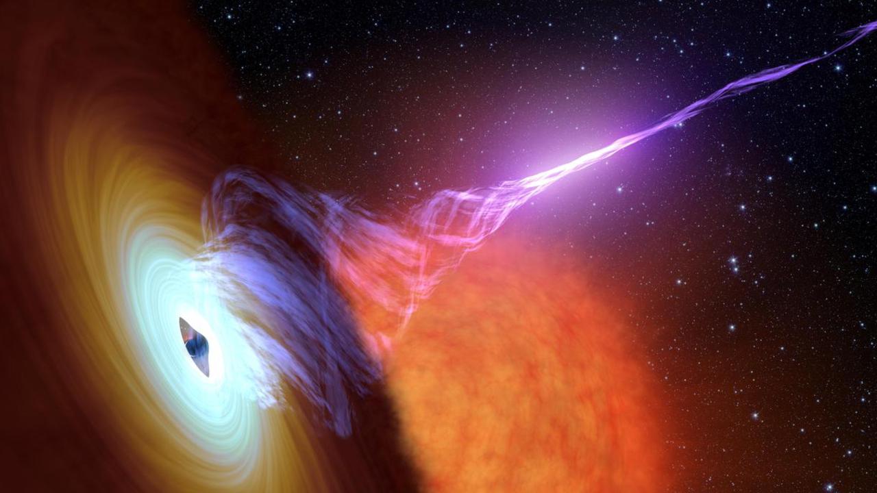 En konstnärs avtryck av ett svart hål i himlen.