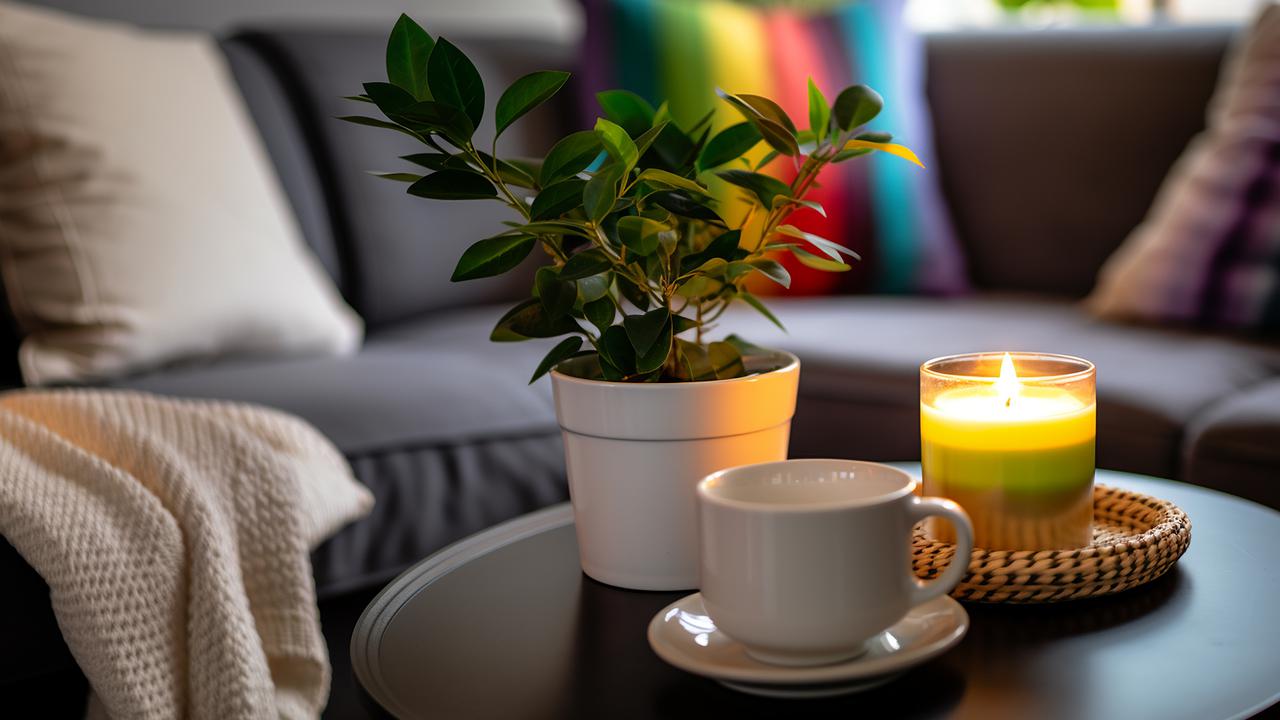 En soffa med mjuka kuddar, varav en regnbågsfärgad. Soffbordet har en krukväxt, en kaffekopp och ett tänt ljus.