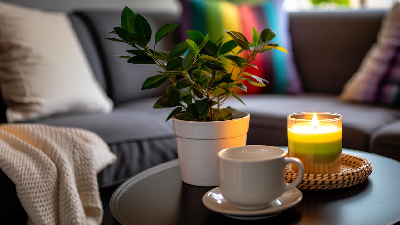 En soffa med mjuka kuddar, varav en regnbågsfärgad. Soffbordet har en krukväxt, en kaffekopp och ett tänt ljus.