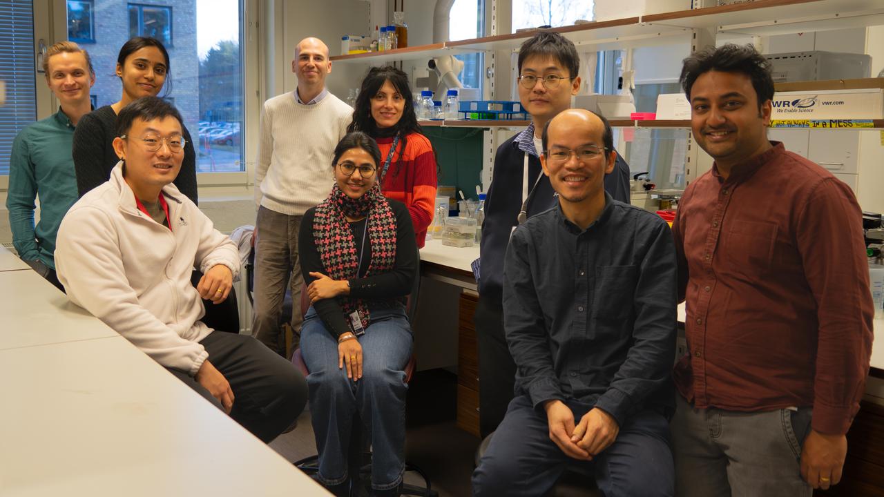 Gruppbild på nio personer i labbmiljö.