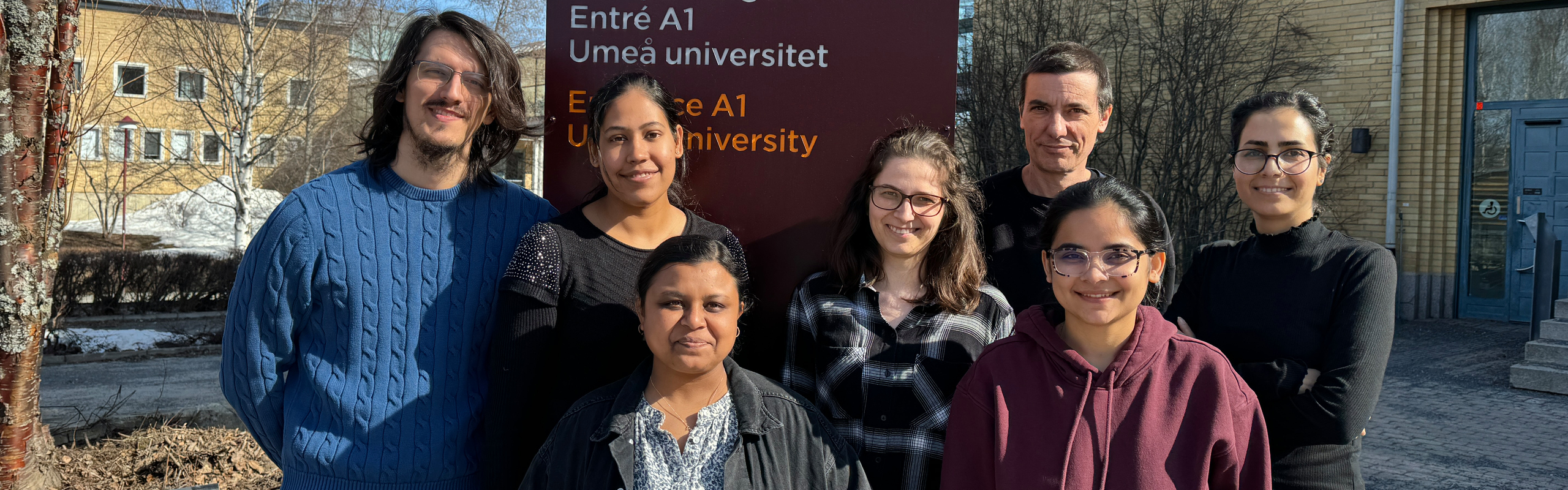 Forskargruppens medlemmar står på utsidan av MIT-huset i solen.