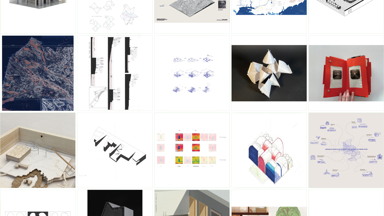 Collage med studentarbeten från Arkitekthögskolans slututställning