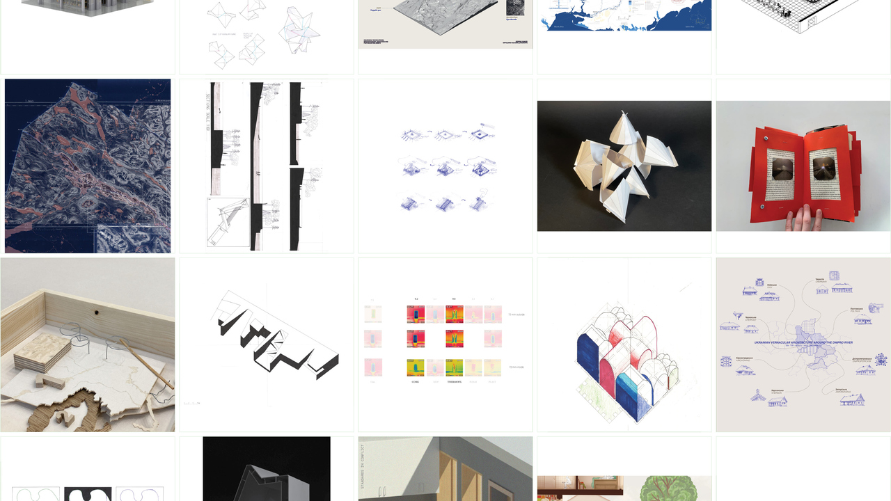 Collage med studentarbeten från Arkitekthögskolans slututställning