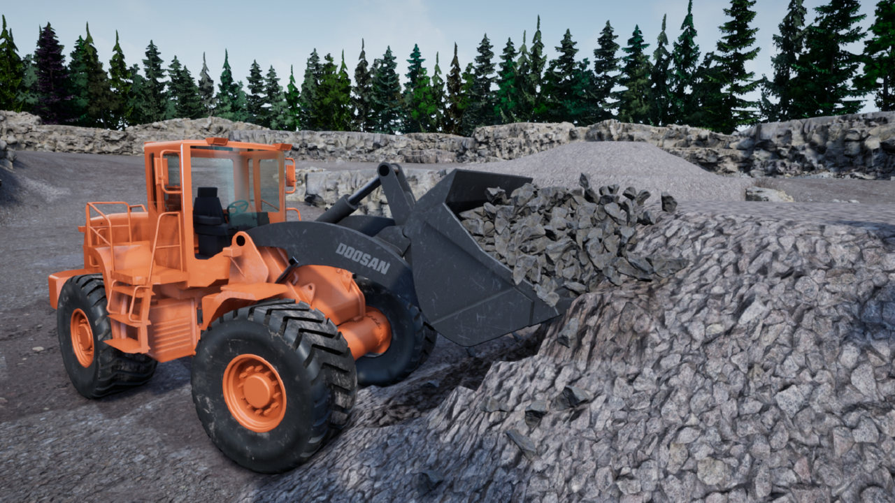 Hjullastare som gräver utan förare. Digital bild.