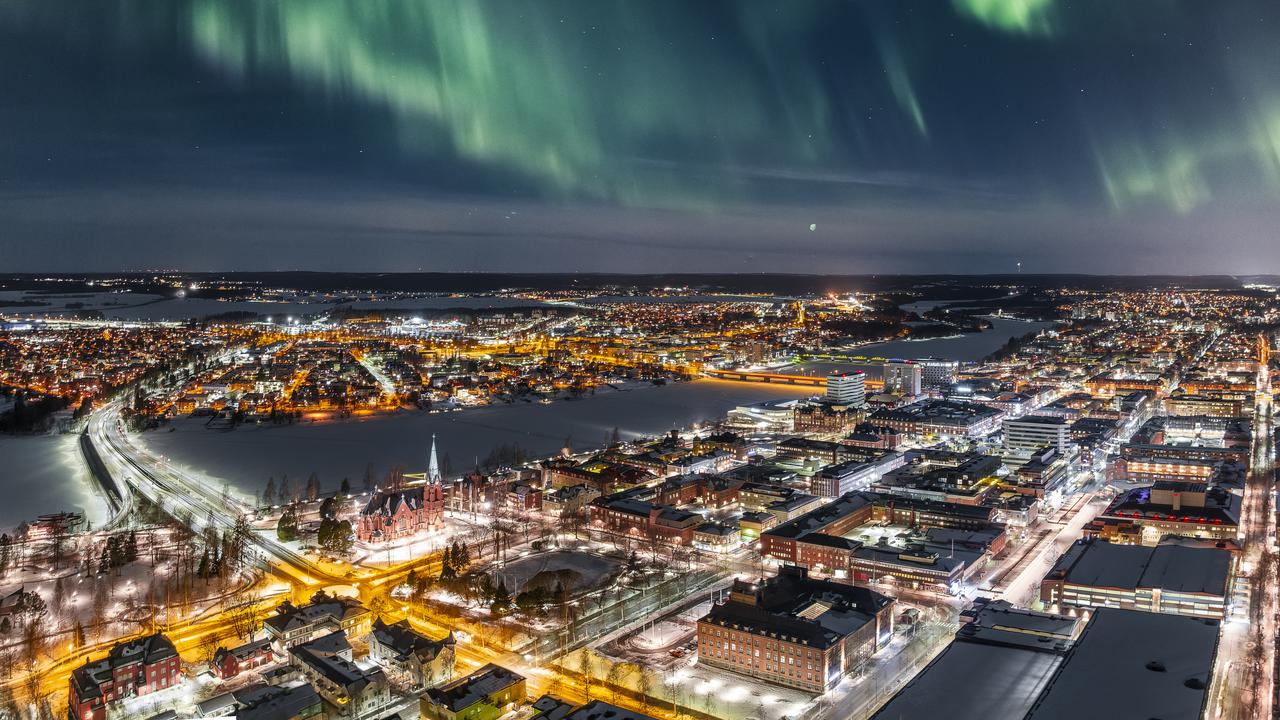 Aurora Borealis in the center city of Umeå in northern Sweden
