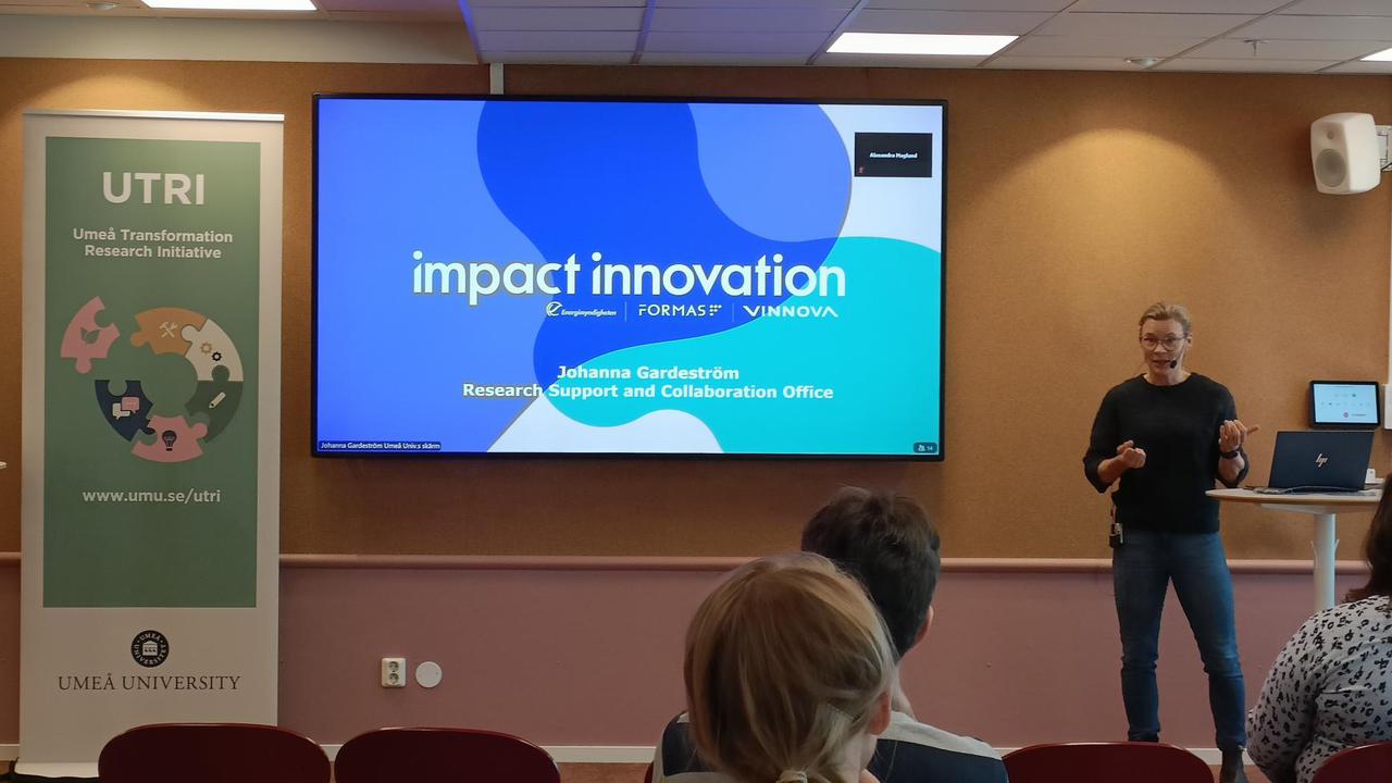 En talare står framför en powerpoint och pratar.