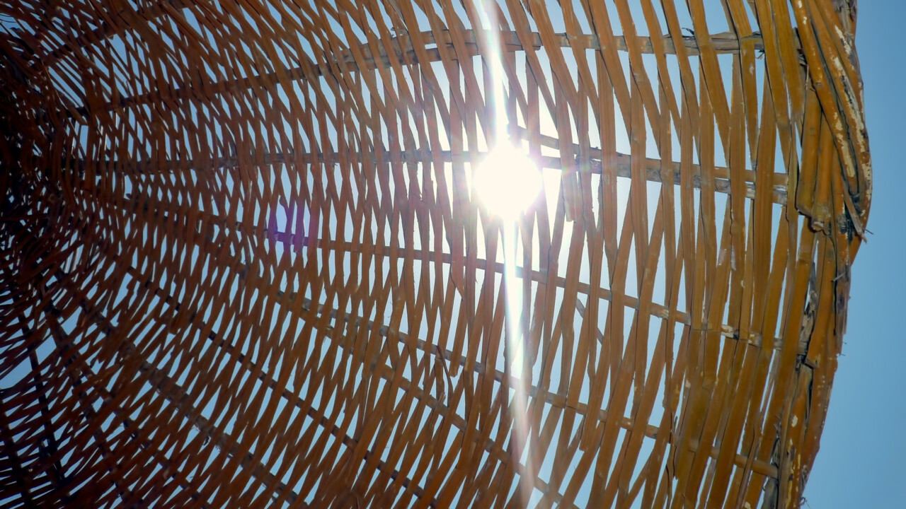 Solparasoll med solljus strilande genom.